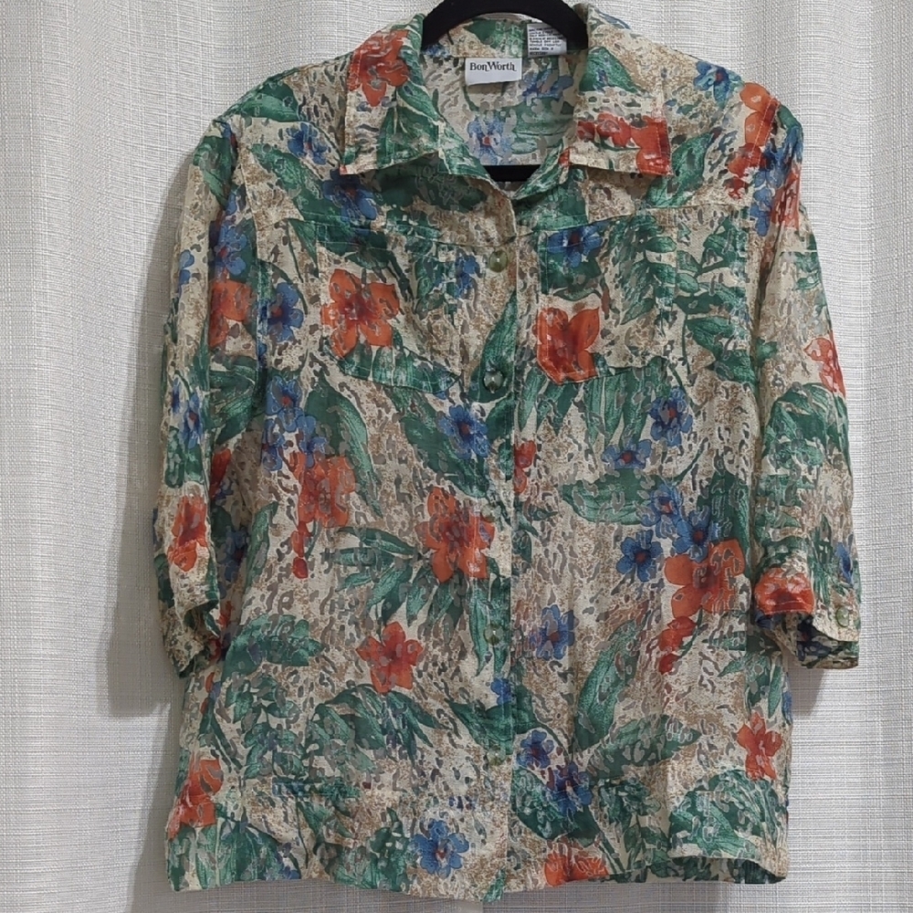 Bonworth Lace Blouse Women's Multicolor Medium Petite Button Down Collared